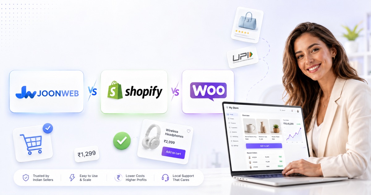 Shopify vs WooCommerce vs JoonWeb compared for Indian small businesses in 2026 — an online-store founder managing a store dashboard with ₹ sales, UPI, GST invoicing and cash on delivery